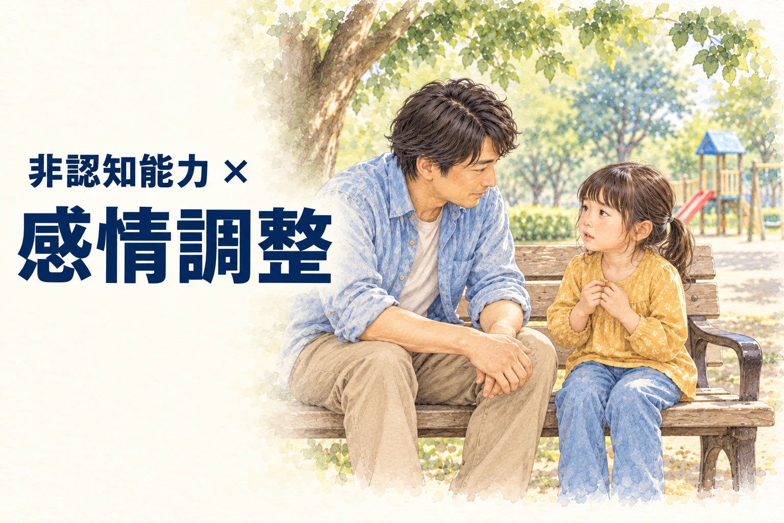 感情調整。能力に合わせた親子や友達の場面を描いた水彩画。