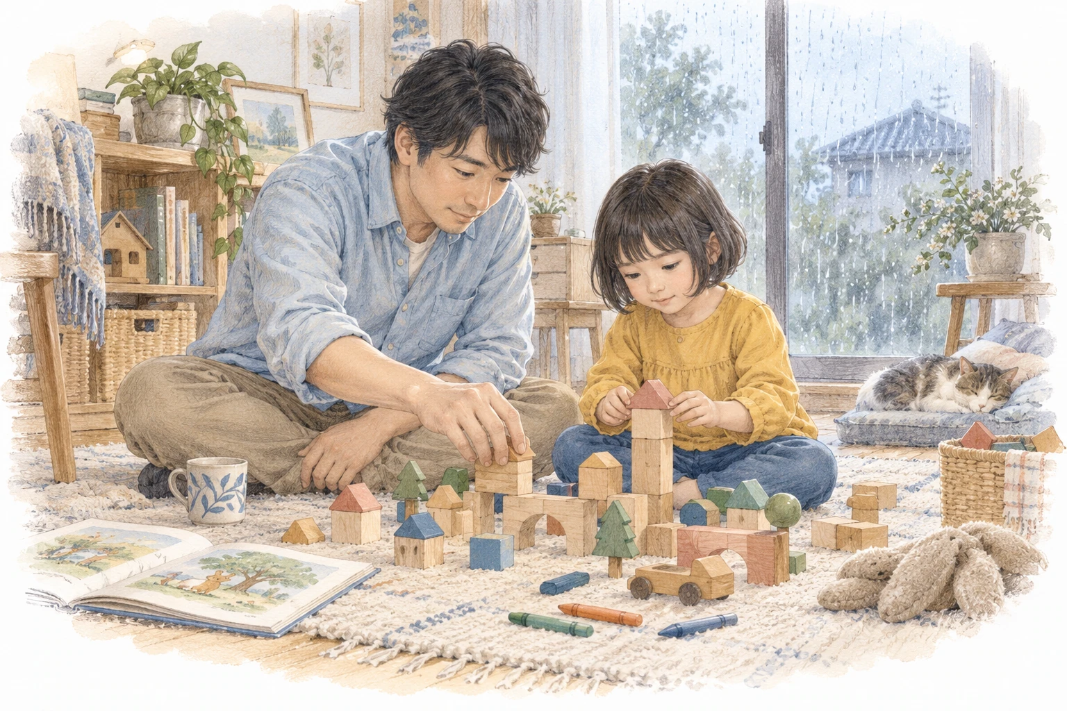 親子で積み木を楽しむ様子