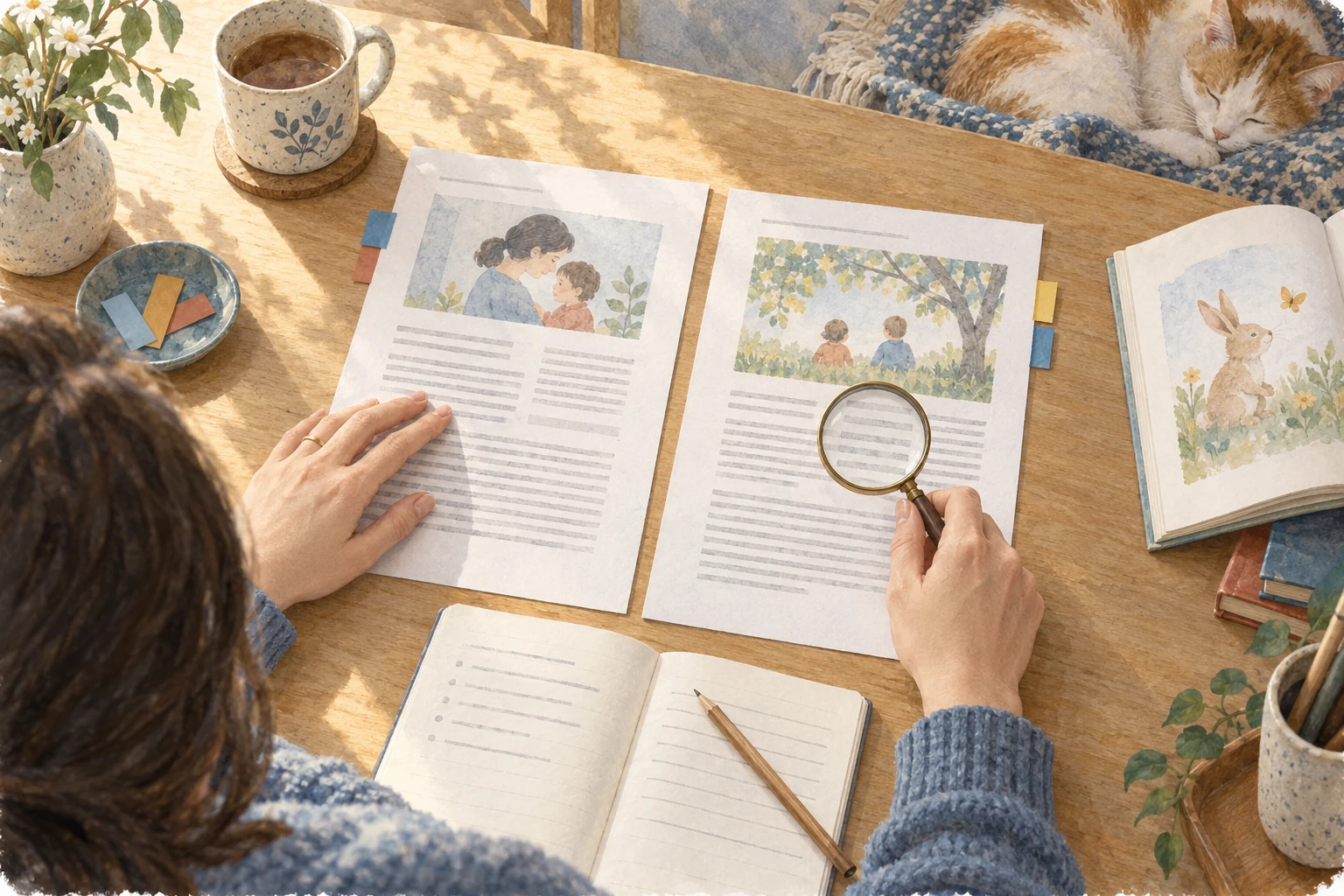 印刷した資料を二つ並べ、ノートに整理して読み比べる机